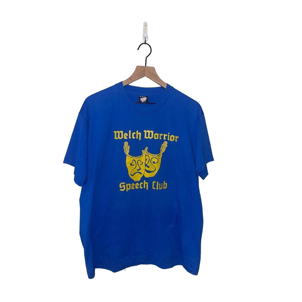 Vintage Theater Shirt Welch Warrior Speech Club Masks Faces Graphic Blue 90s XL